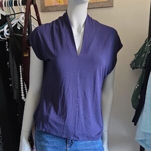 RW&CO. Navy Blue Blouse with Pop V-Neck Collar and Capped Sleeves
